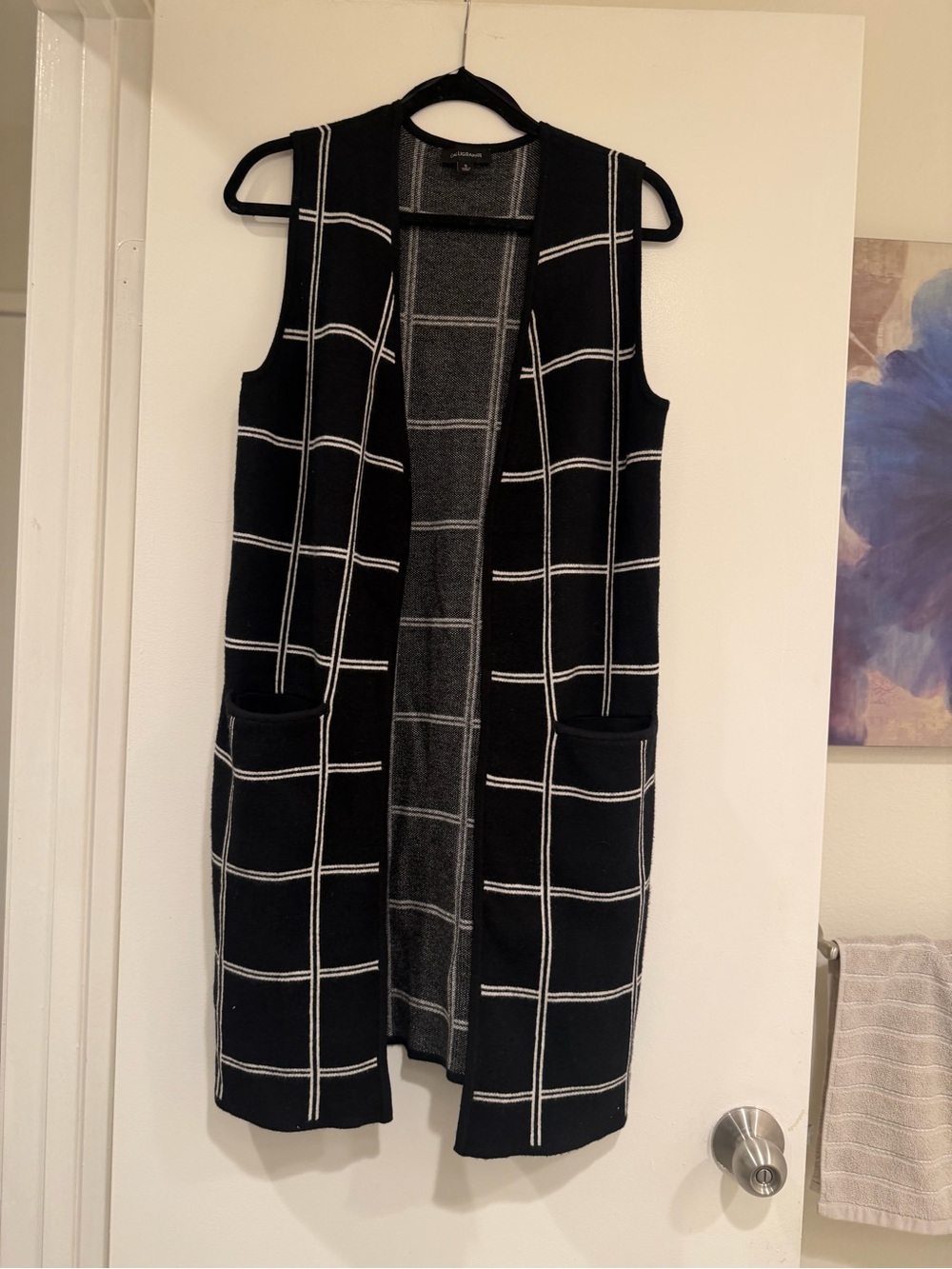 Sleeveless Black Windowpane Knit Vest - Long Open Front